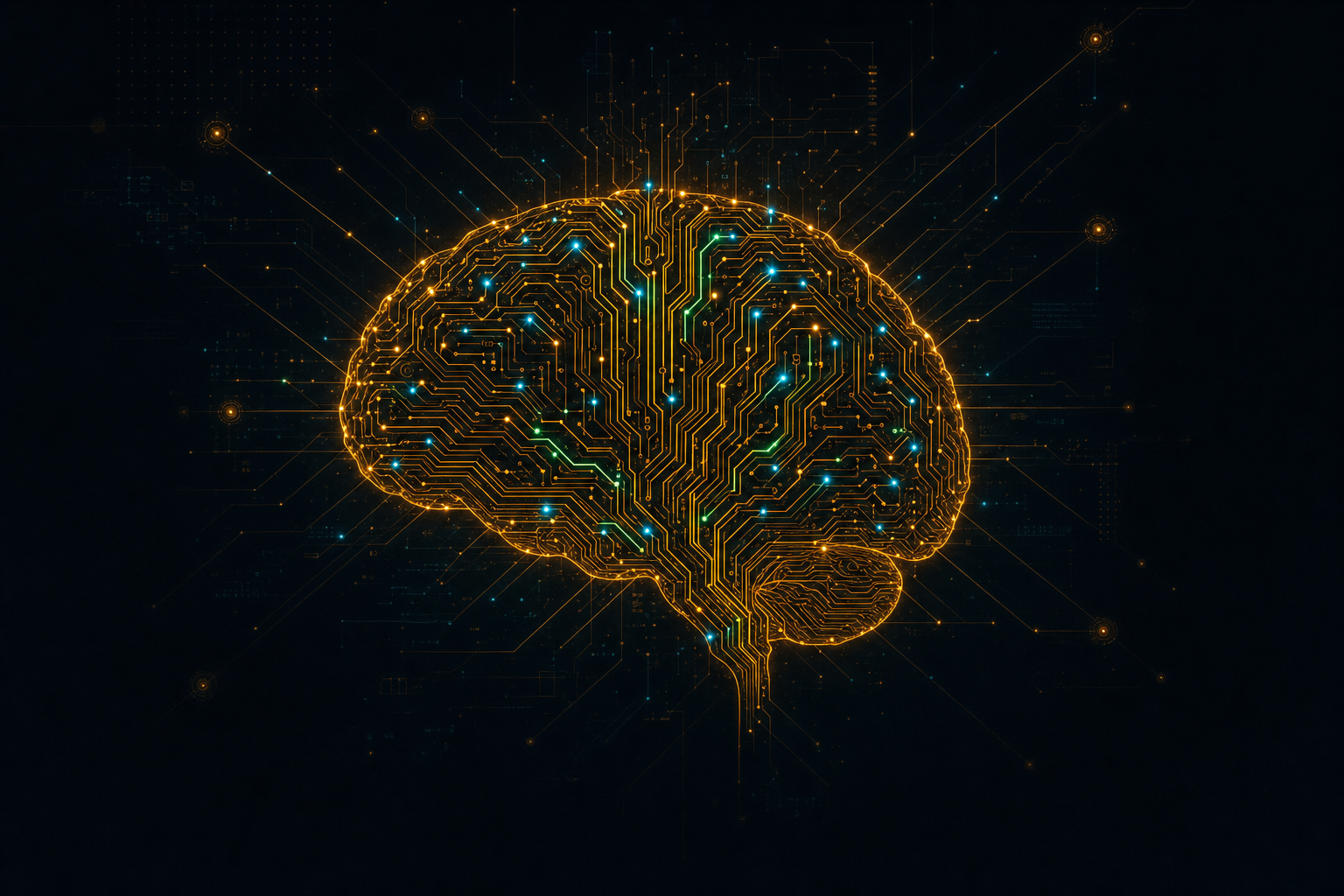 A brain made of glowing amber and cyan filaments, wired into rUv's ecosystem — the whole RuvNet toolkit gathered into one intelligence.